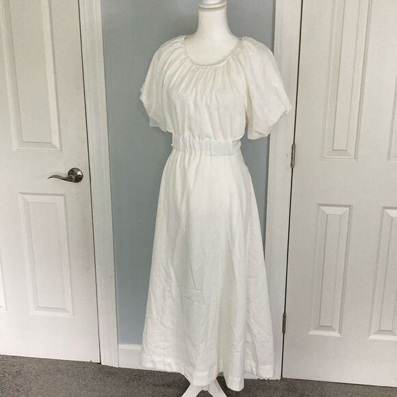 ❤️ Lena White puff Sleeve Open Back Angelcore clean Cut Out Maxi Dress Lined L - Picture 1 of 8
